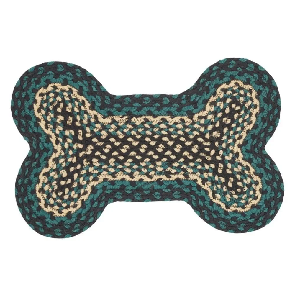 Farmhouse Green Black Cream Jute Braided Bone Shaped Dog Feeder Mat Pet